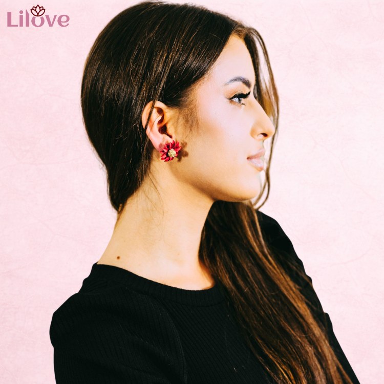 Kolczyki kwiaty sztyfty czerwone złote wiosenne wkrętki - lekkie, subtelne – zdjęcie 2
