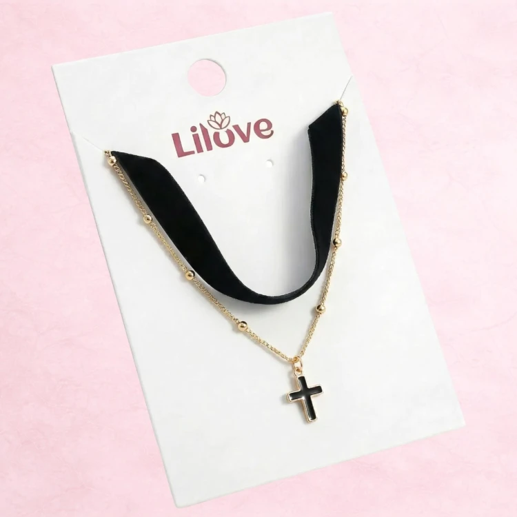 Choker naszyjnik czarny złoty z krzyżem na szyję - regulowany, elegancki – zdjęcie 6