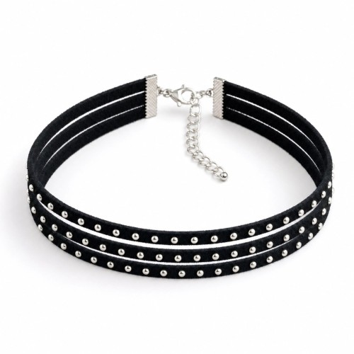 Choker naszyjnik czarny srebrny z ćwiekami na szyję - aksamitny, elegancki