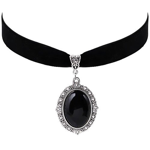 Choker naszyjnik czarny srebrny z kamieniem - regulowany, elegancki