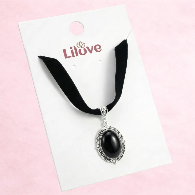 Choker naszyjnik czarny srebrny z kamieniem - regulowany, elegancki – zdjęcie 6