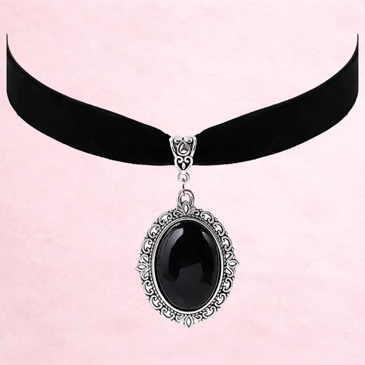 Choker naszyjnik czarny srebrny z kamieniem - regulowany, elegancki – zdjęcie 7
