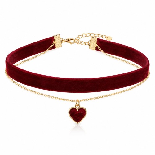 Bordowy choker z sercem i złotym łańcuszkiem