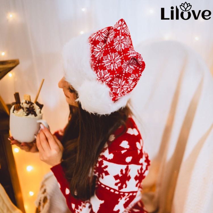 Czapka Mikołaja z Dzianiny Czerwona w Śnieżynki z Pomponem Prezent Święta – zdjęcie 4