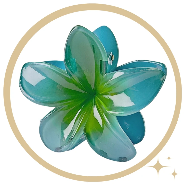 Klamra do Włosów Kwiatek Zielona Spinka Plumeria Hawajska Wakacyjna Lekka // Klamra do włosów spinka kwiat zielona - letnia, pewnie trzyma włosy – zdjęcie 2