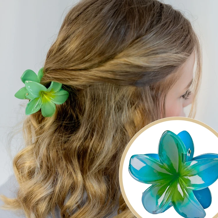 Klamra do Włosów Kwiatek Zielona Spinka Plumeria Hawajska Wakacyjna Lekka // Klamra do włosów spinka kwiat zielona - letnia, pewnie trzyma włosy – zdjęcie 3