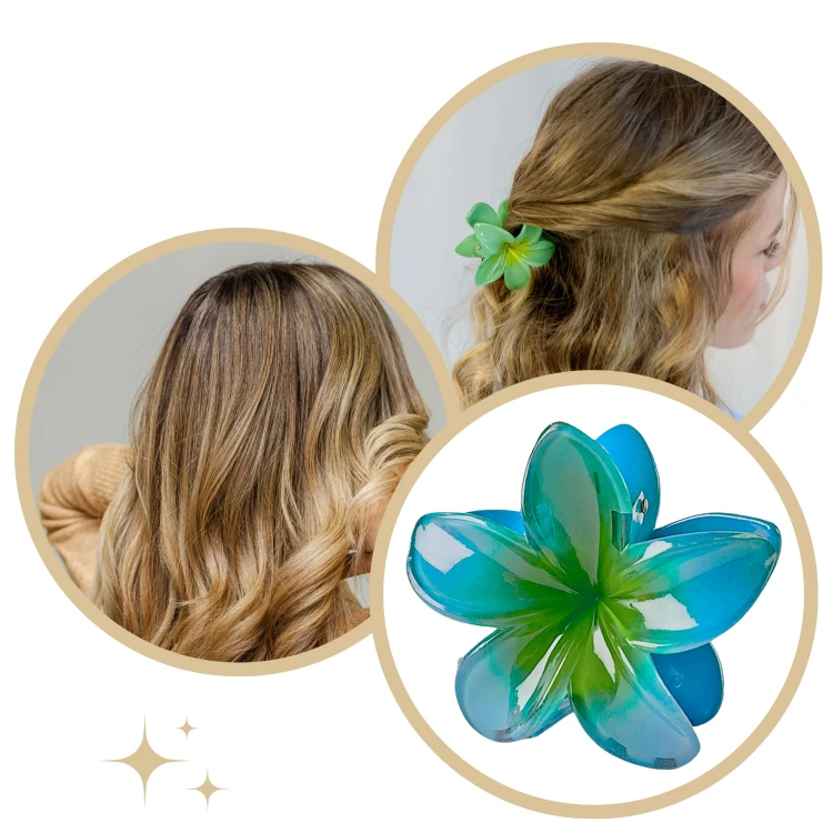 Klamra do Włosów Kwiatek Zielona Spinka Plumeria Hawajska Wakacyjna Lekka // Klamra do włosów spinka kwiat zielona - letnia, pewnie trzyma włosy – zdjęcie 5