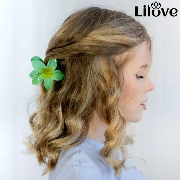Klamra do Włosów Kwiatek Zielona Spinka Plumeria Hawajska Wakacyjna Lekka // Klamra do włosów spinka kwiat zielona - letnia, pewnie trzyma włosy – zdjęcie 10