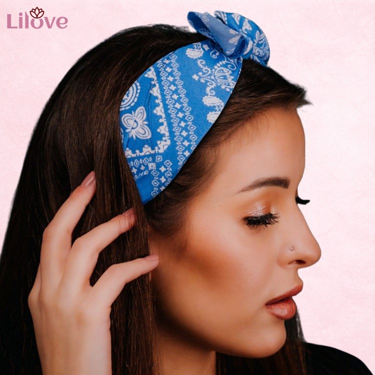 Niebieska opaska z kokardą bandana 6 cm – zdjęcie 2