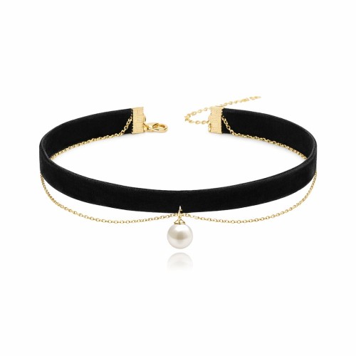 Naszyjnik choker na szyję czarny z perłą - aksamitny, efektowny dodatek
