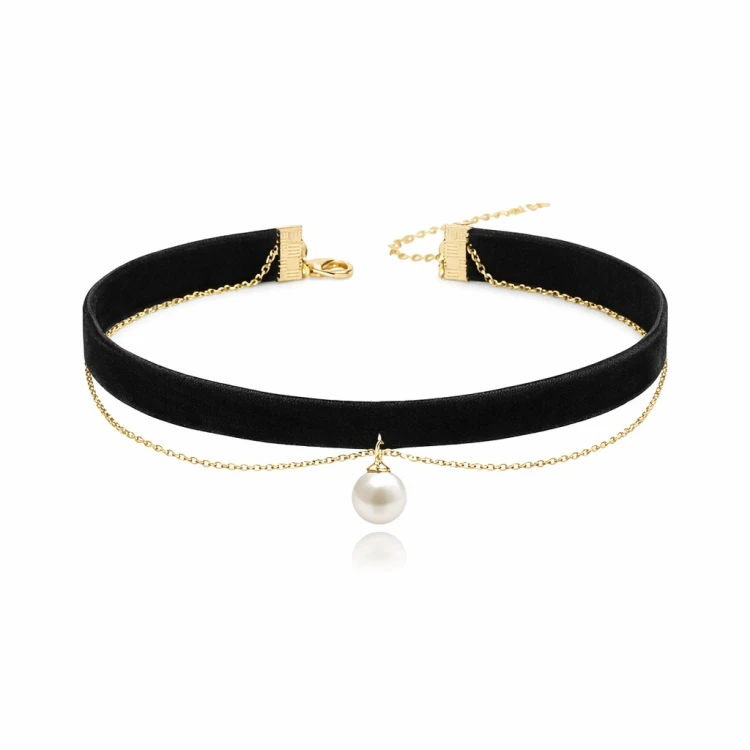 Naszyjnik choker na szyję czarny z perłą - aksamitny, efektowny dodatek