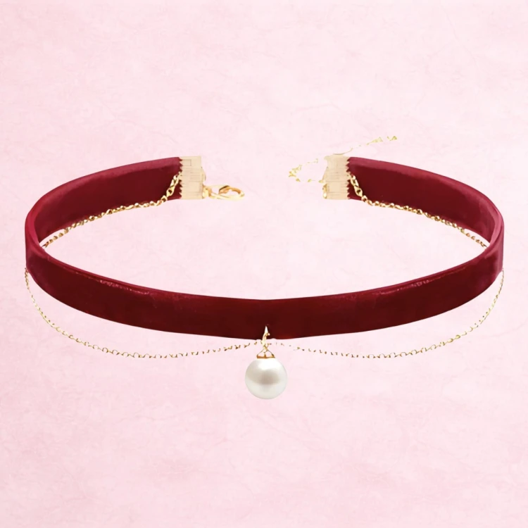Choker naszyjnik czerwony złoty z perłą na szyję - regulowany, elegancki – zdjęcie 7