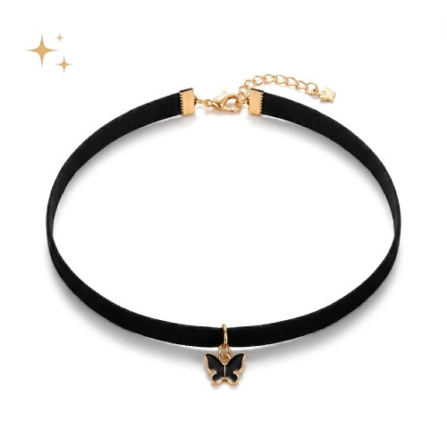 Choker naszyjnik czarny złoty z motylem na szyję - regulowany, elegancki