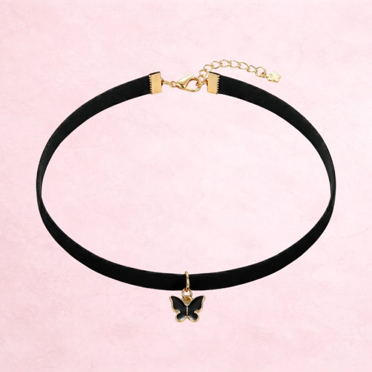 Choker naszyjnik czarny złoty z motylem na szyję - regulowany, elegancki – zdjęcie 7