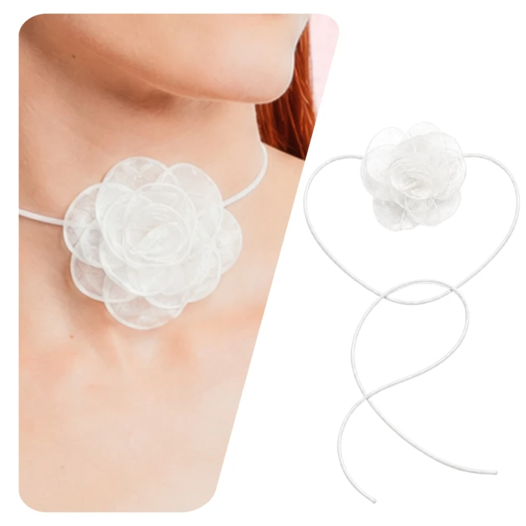 Choker naszyjnik biały długi sznurek z szyfonową różą - elegancki efektowny