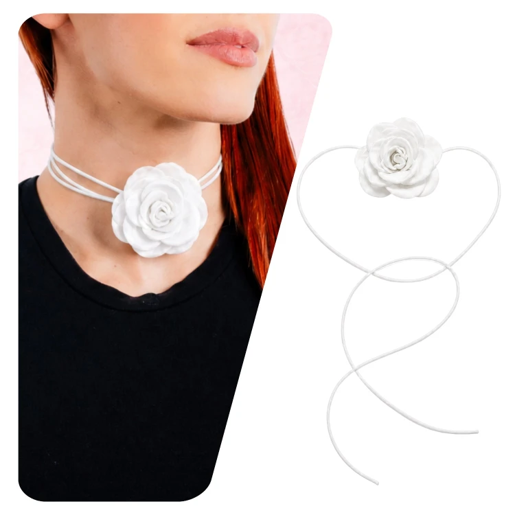 Choker naszyjnik biały długi sznurek z kwiatem róży - elegancki, efektowny