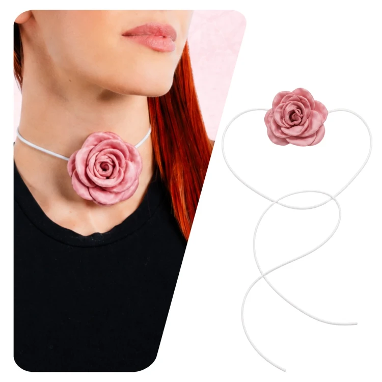 Choker naszyjnik biały długi sznurek z różową różą - elegancki, efektowny
