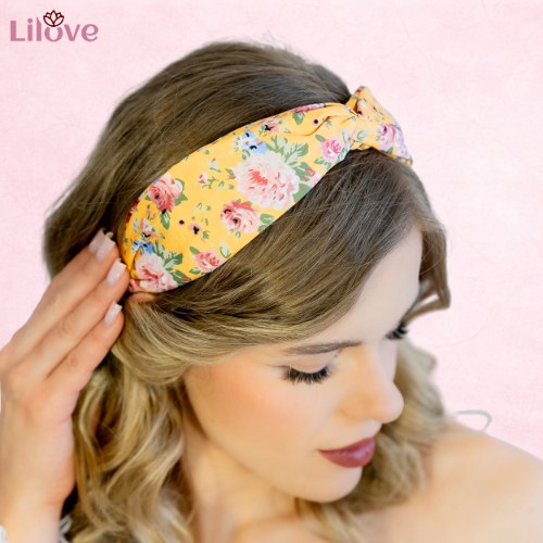 Żółta opaska w kwiaty z supłem 6 cm – zdjęcie 2