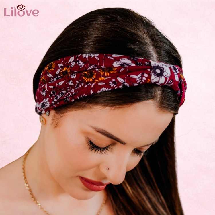 Malinowa opaska w kwiaty 14 cm – zdjęcie 2