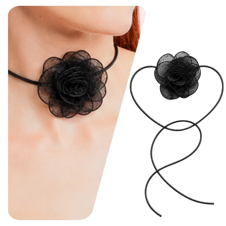 Choker naszyjnik czarny długi sznurek z szyfonową różą - elegancki, wiązany