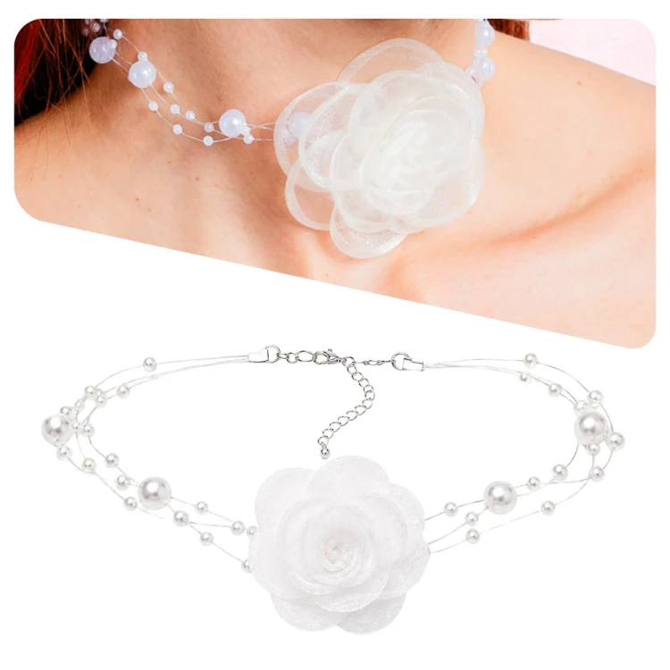 Choker naszyjnik biały z koralikami z różą z szyfonu - elegancki, efektowny