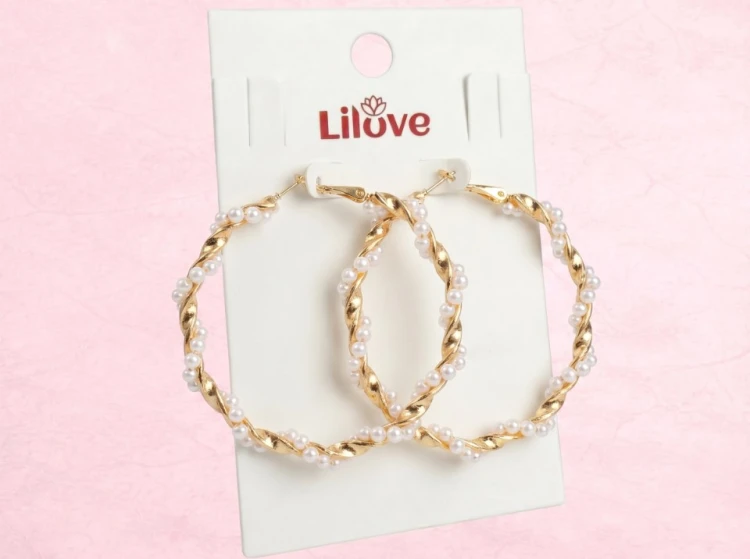 Kolczyki złote koła wiszące długie kółka z perłami - lekkie i eleganckie – zdjęcie 5