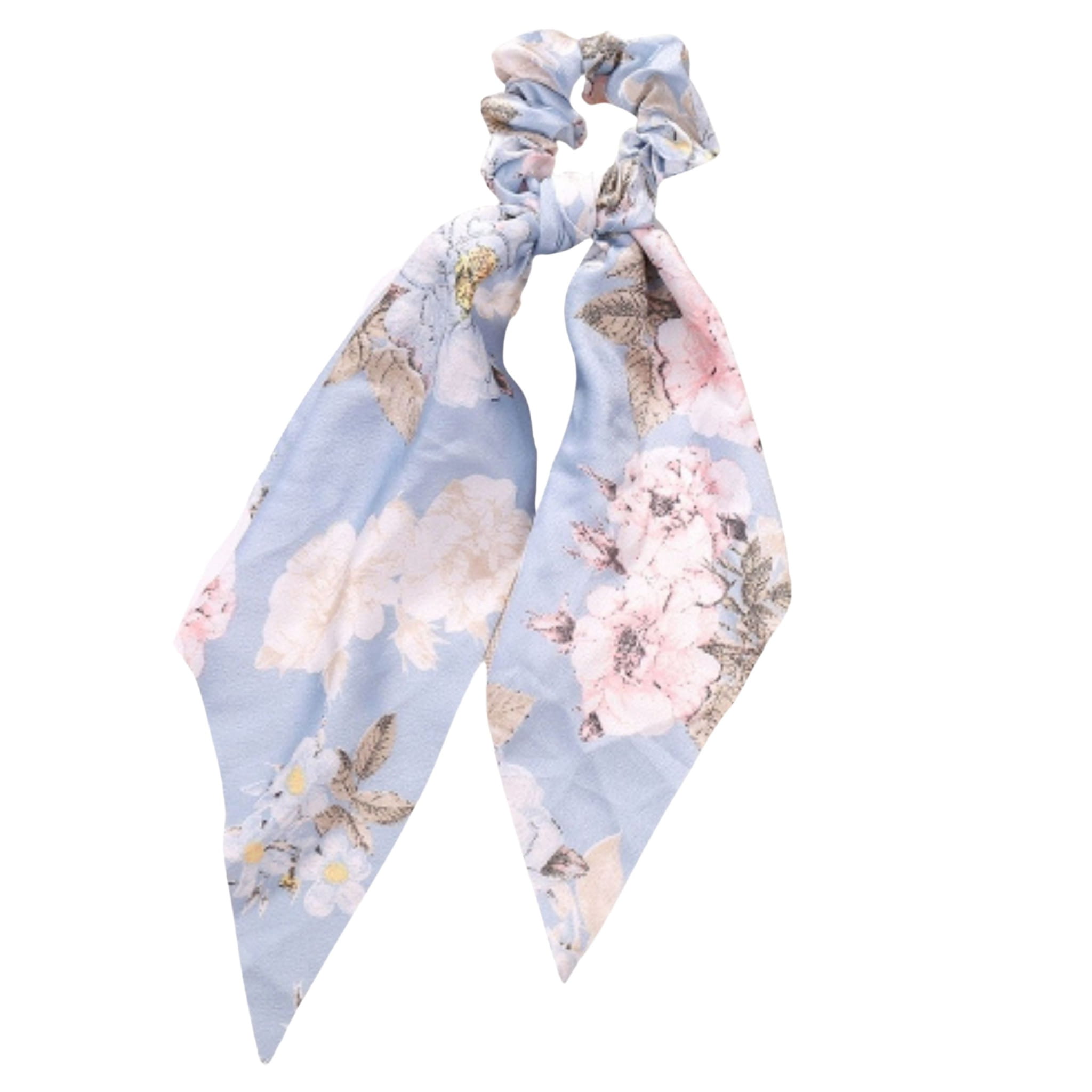 Gumka do Włosów Niebieska Długa w Kwiaty Apaszka z Kokardą Lekka i Bezpieczna