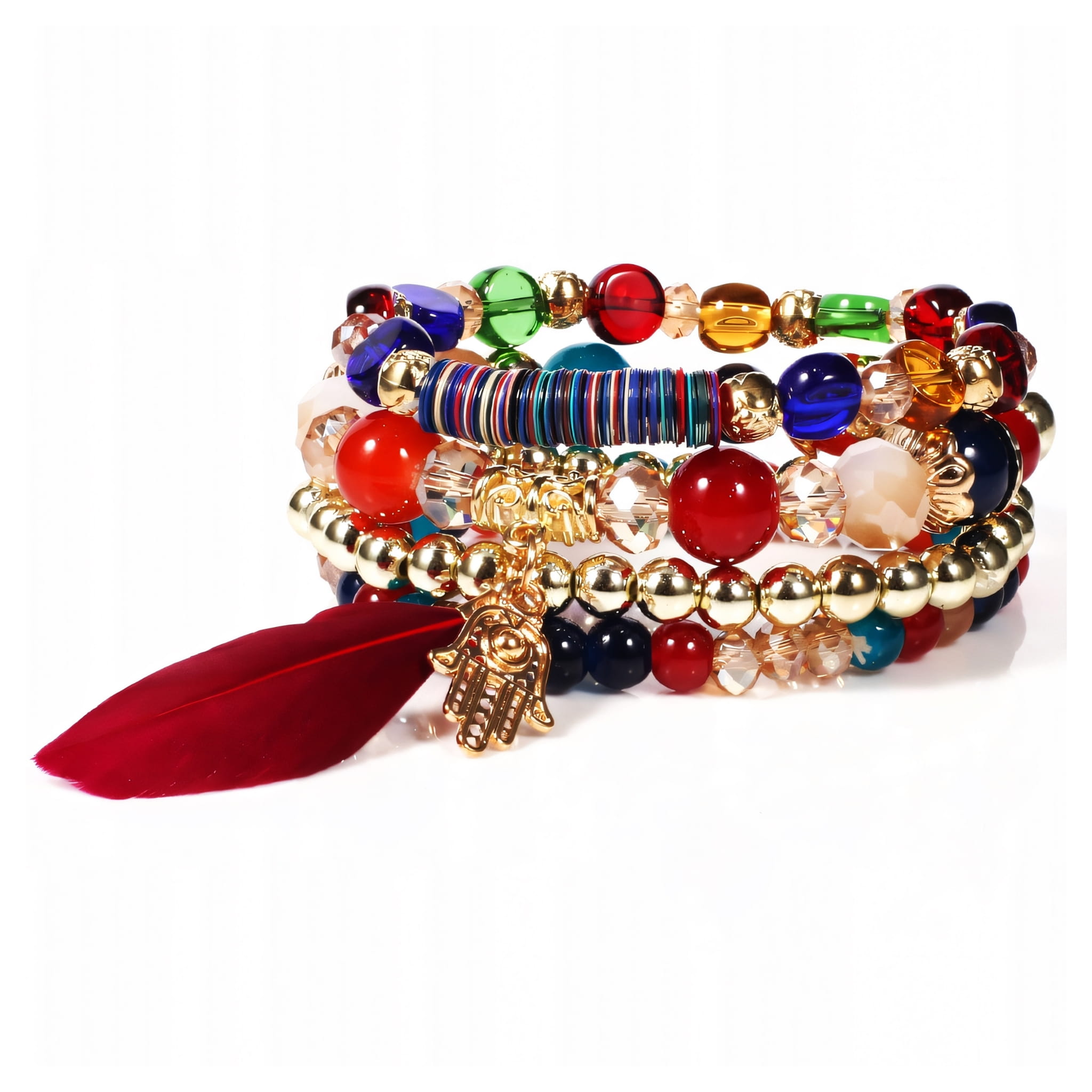 Bransoletka Zestaw 4 Sztuk Kolorowe Koraliki Zawieszka na Gumce Regulowana