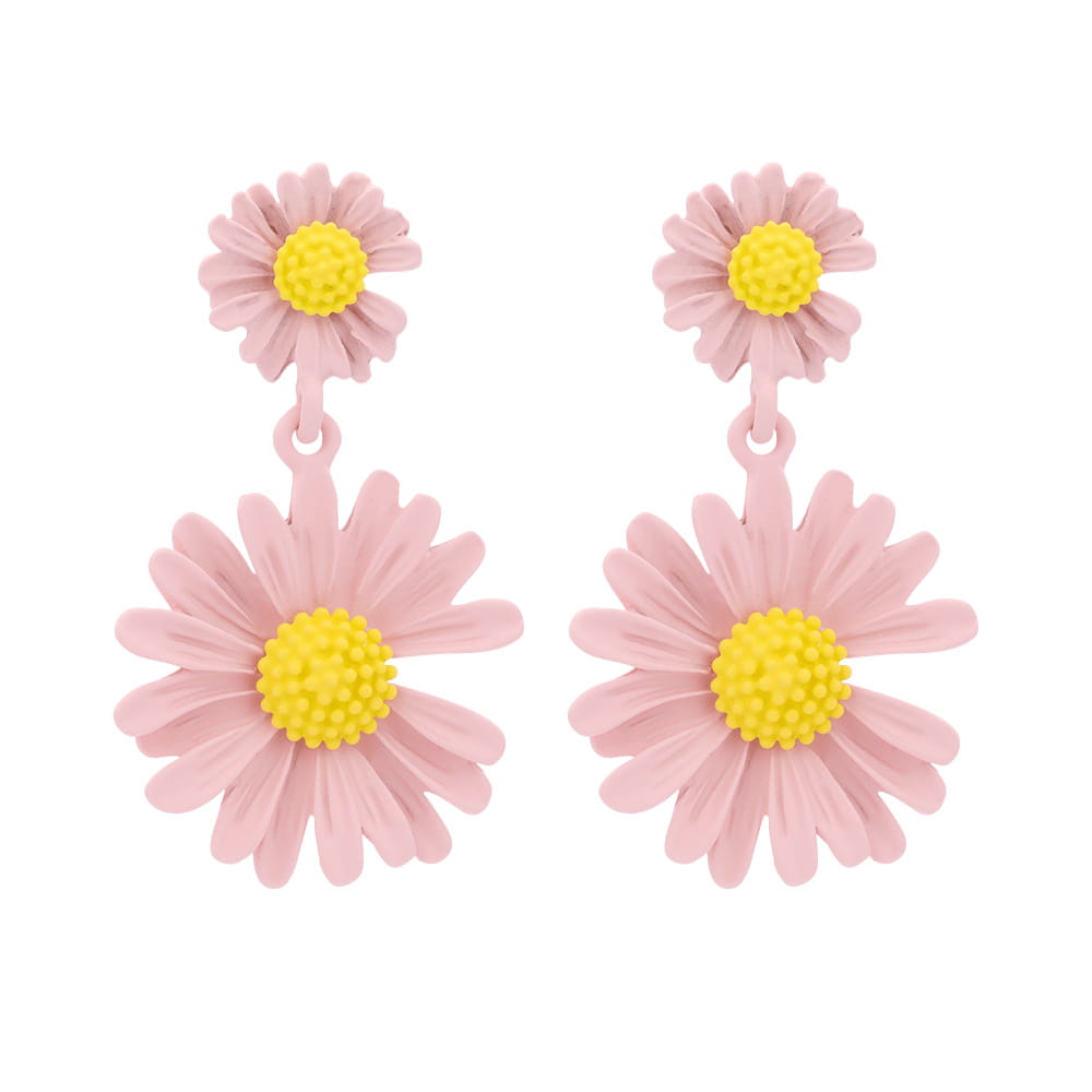 Kolczyki Wiszące Różowe Żółte Kwiaty Podwójne Sztyft Lekkie i Wygodne