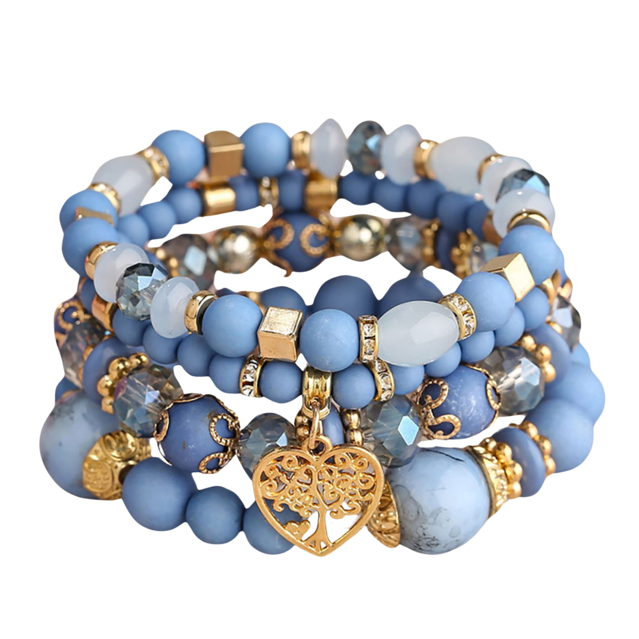 Bransoletka Zestaw 4 sztuki Niebieska Złota z Koralikami Damska na Gumce