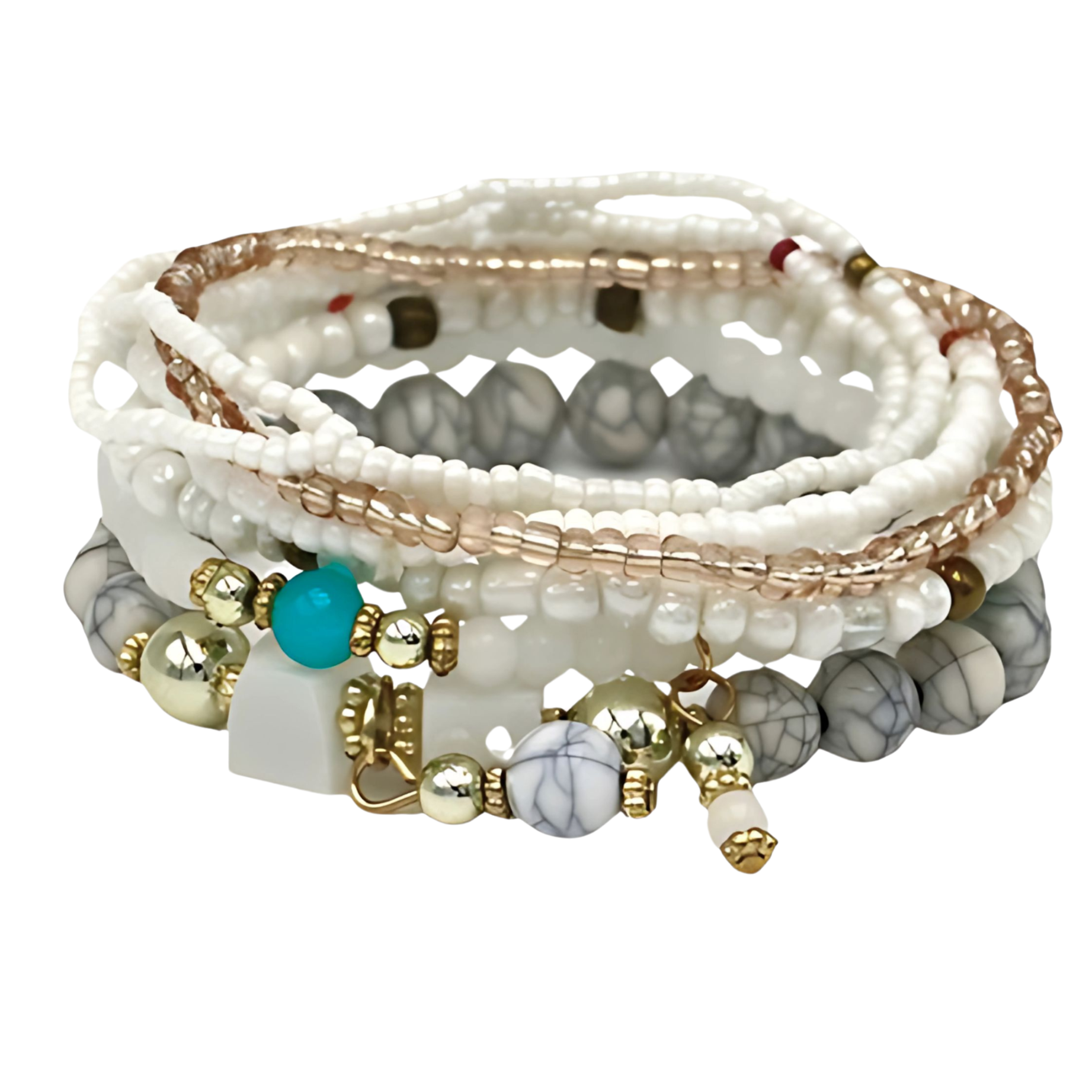 Bransoletka Zestaw 8 sztuk Biała Złota z Koralikami Damska na Gumce