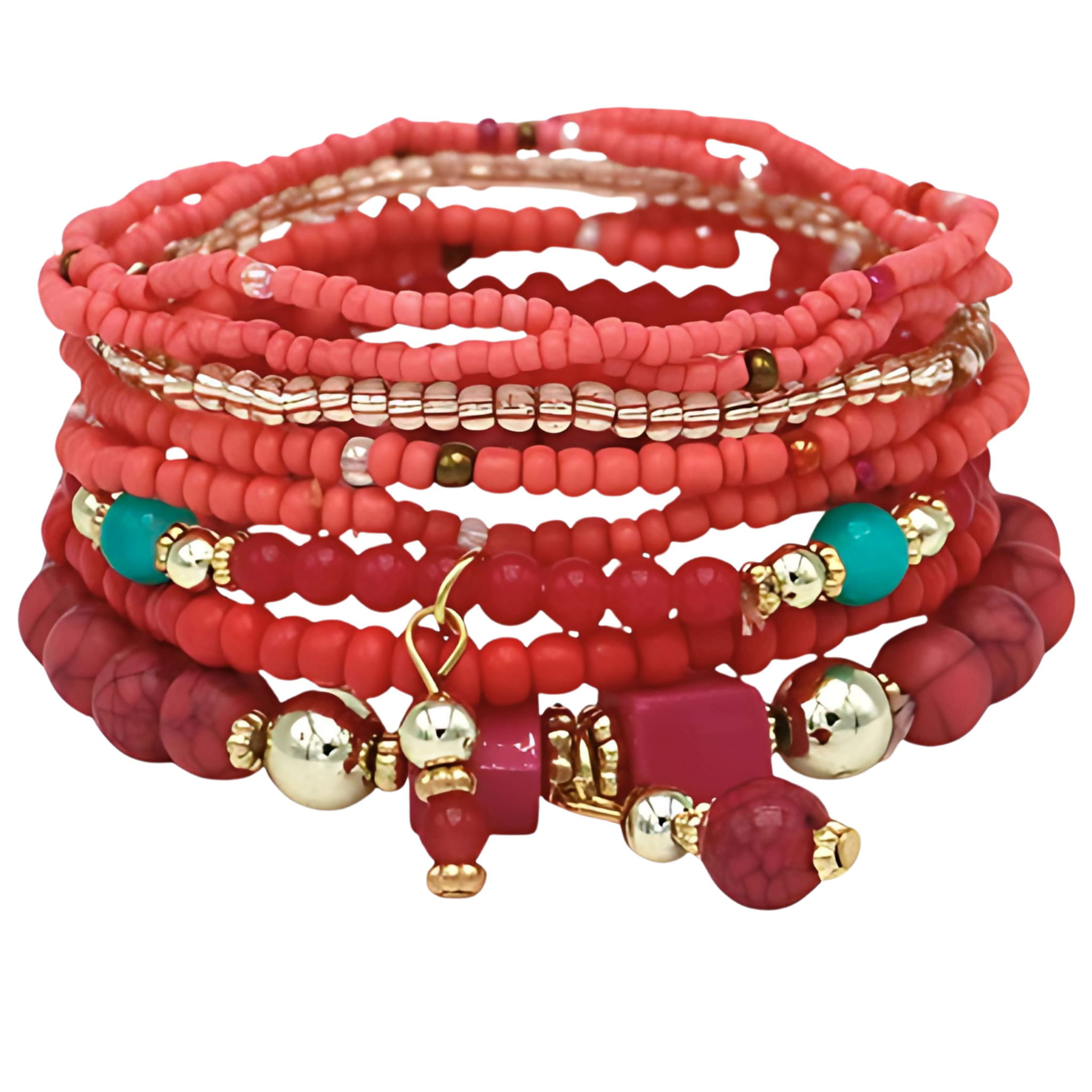 Bransoletka Zestaw 8 sztuk Czerwona Złota z Koralikami Damska na Gumce