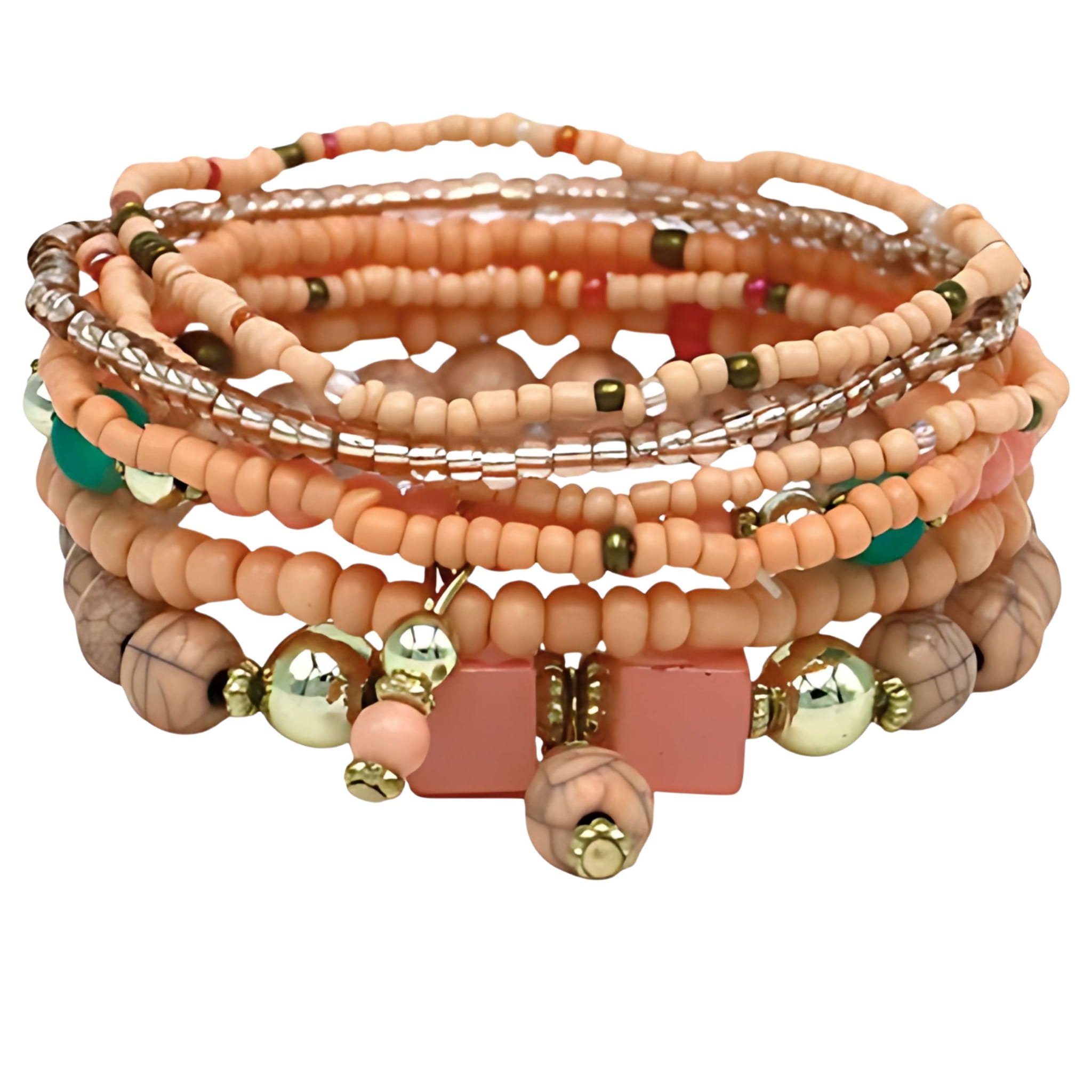 Bransoletka Zestaw 8 sztuk Pomarańczowa Złota z Koralikami Damska na Gumce