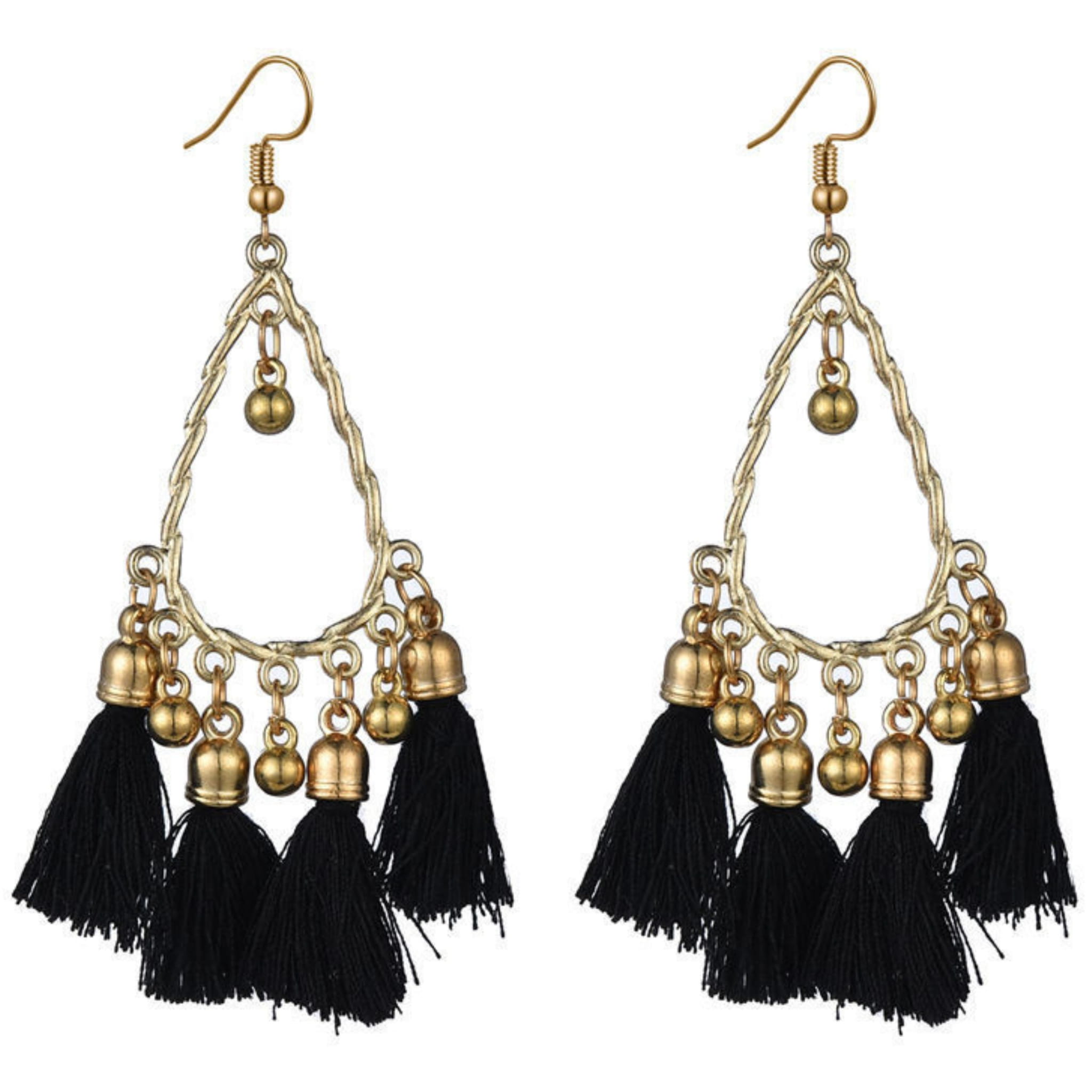 Kolczyki Wiszące Złote Czarne Długie Chwosty z Koralikami Lekkie i Wygodne