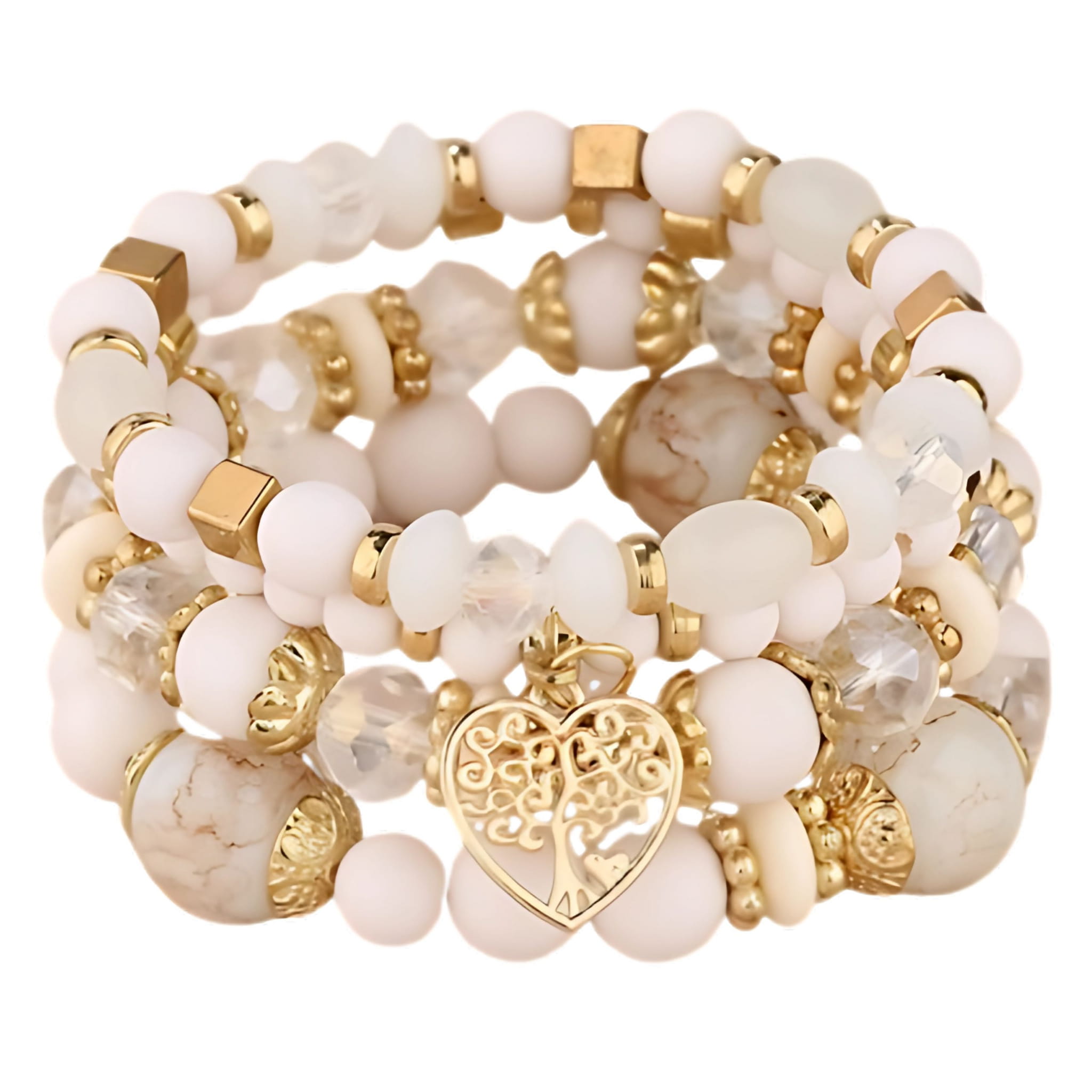 Bransoletka Zestaw 4 sztuk Biała Złota z Koralikami Damska Wygodna na Gumce