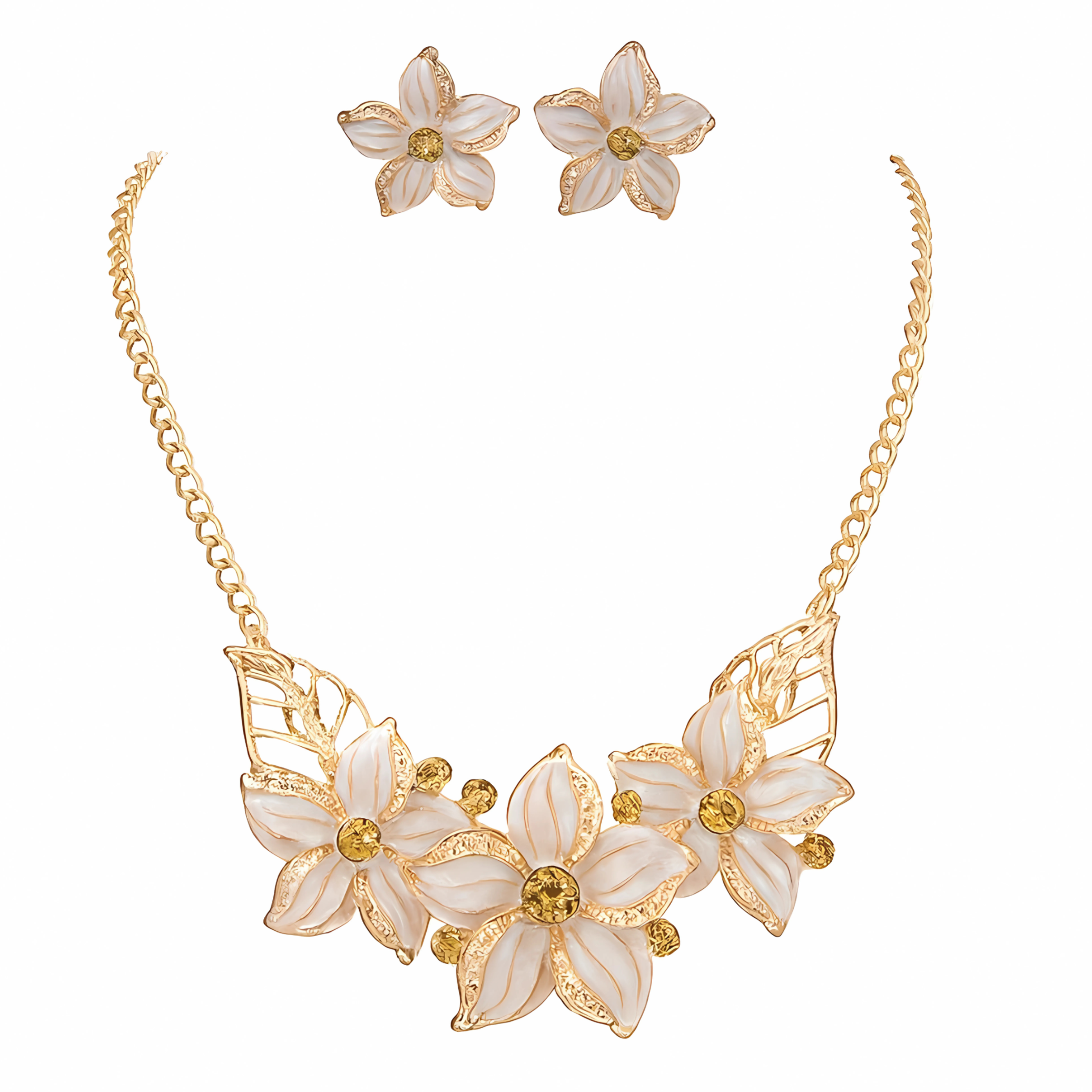 Zestaw Kolczyki Naszyjnik Złoty Komplet Biżuteri Cyrkonie Kwiaty Efektowna