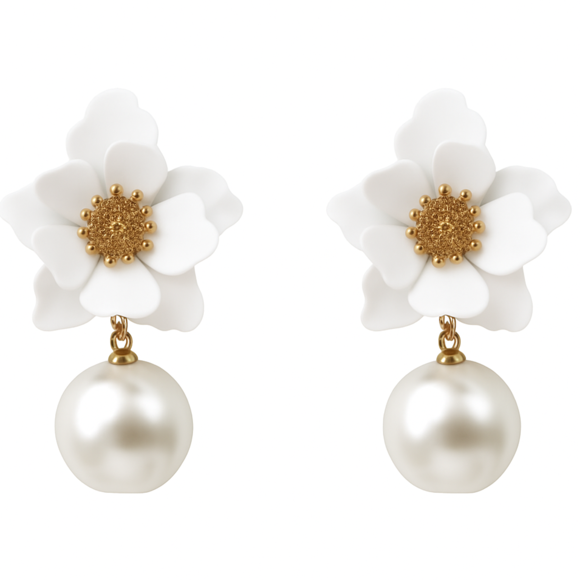 Kolczyki Wiszące Białe Złote Kwiaty z Perła Sztyft Lekkie i Efektowne