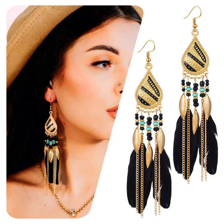 Kolczyki wiszące złote z czarnymi piórami i listkami - boho, zwracają uwagę