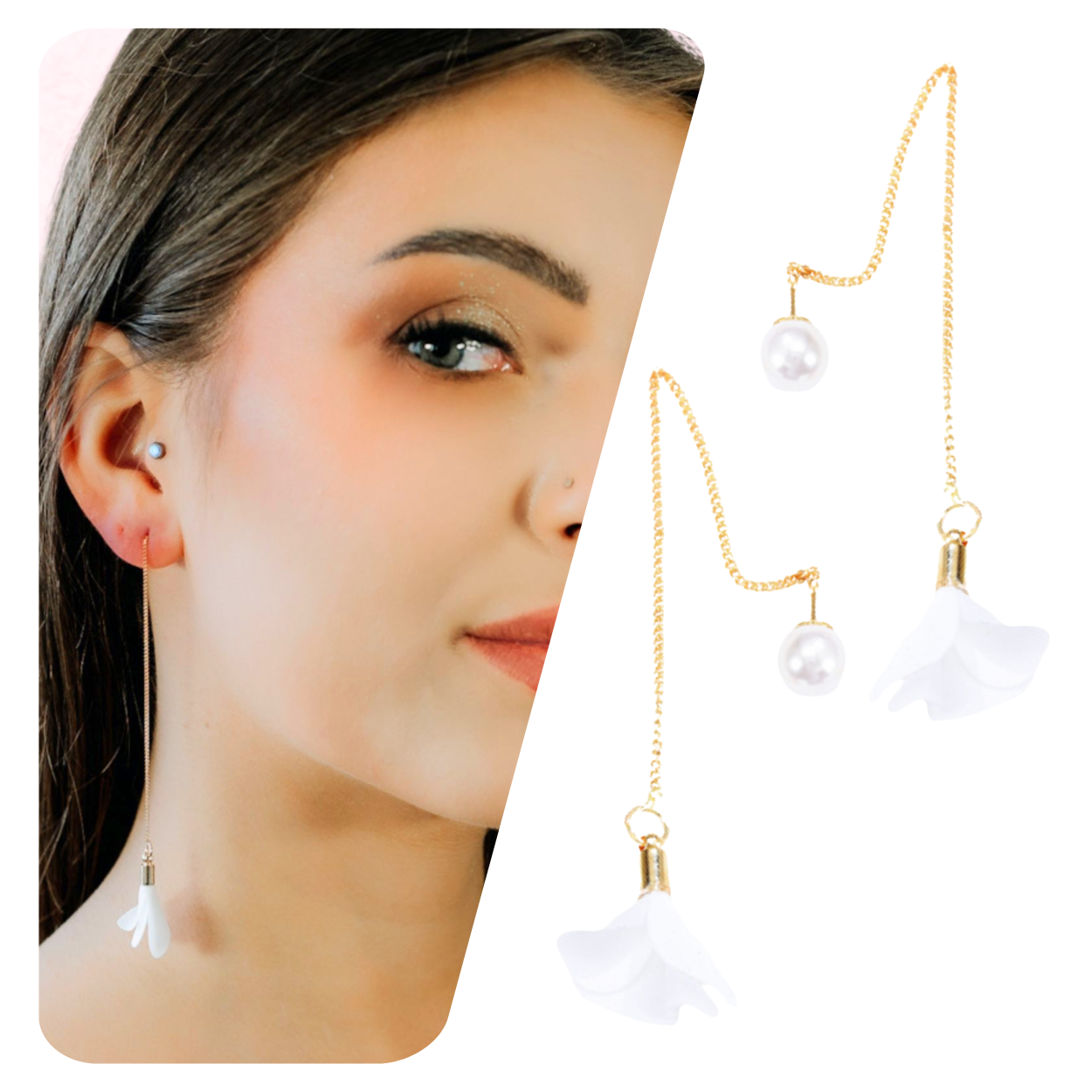 Kolczyki wiszące złote białe subtelne kwiaty sztyfty - lekkie, eleganckie