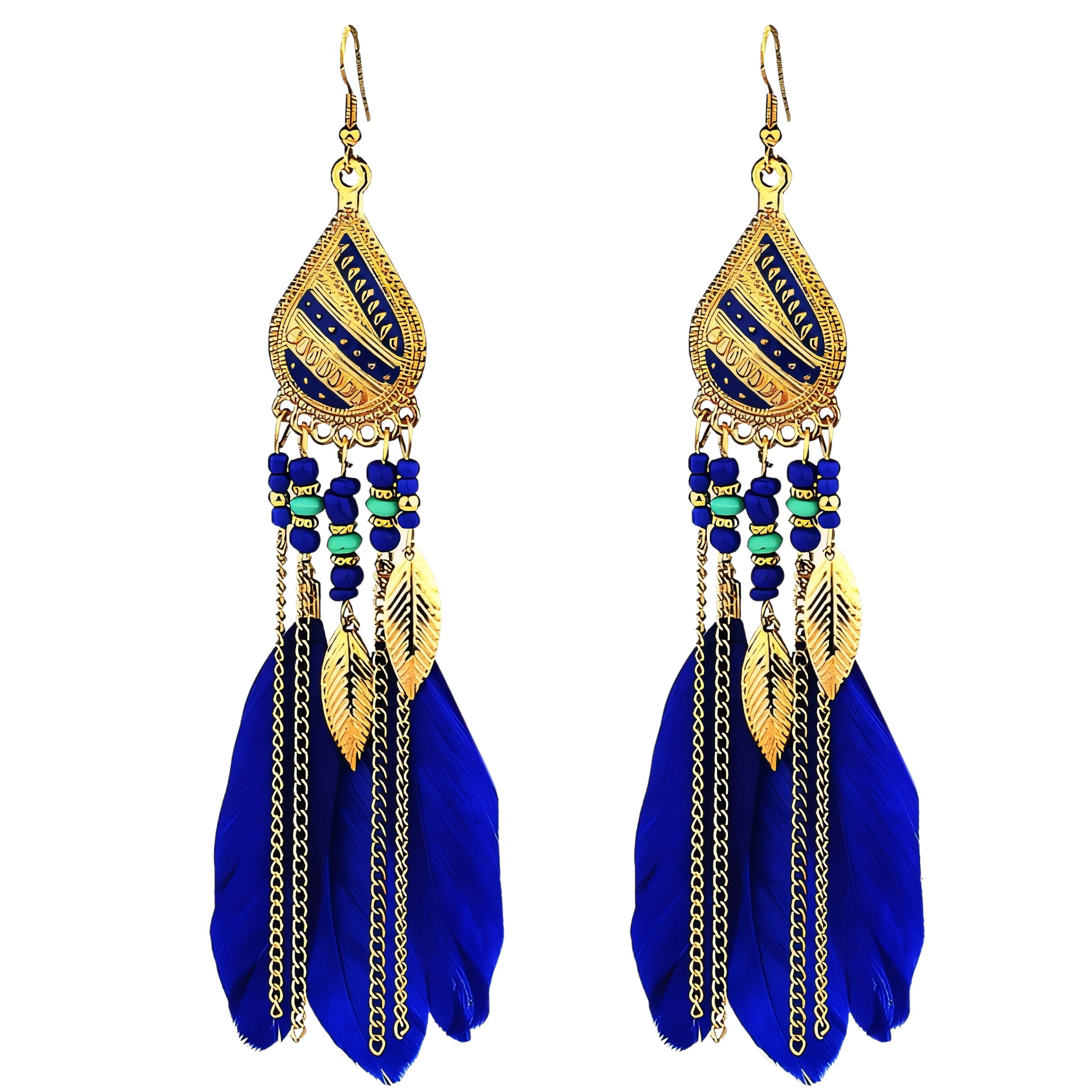 Kolczyki wiszące złote z niebieskimi piórami i listkami -  zwracają uwagę