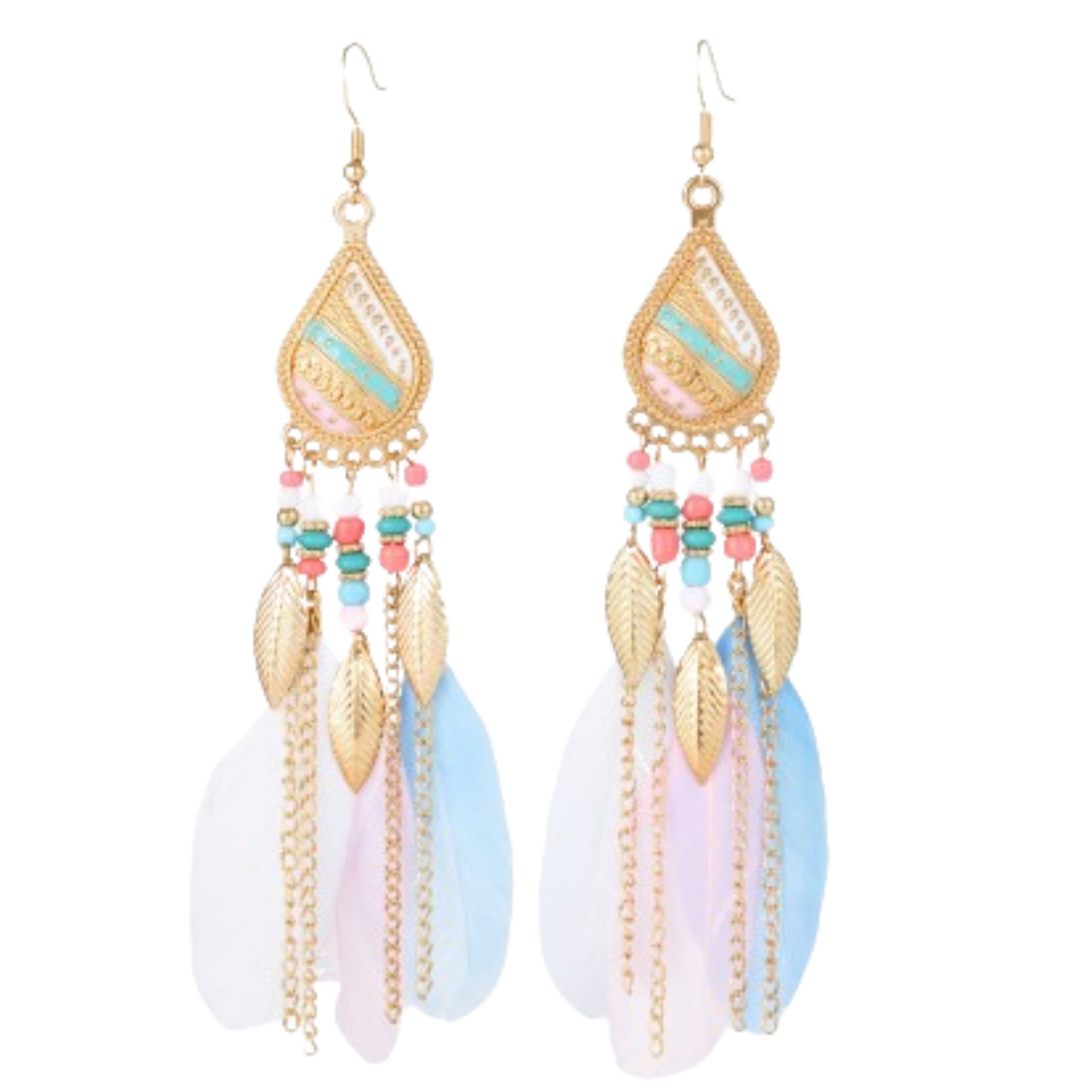 Kolczyki wiszące złote z kolorowymi piórami i listkami -  zwracają uwagę