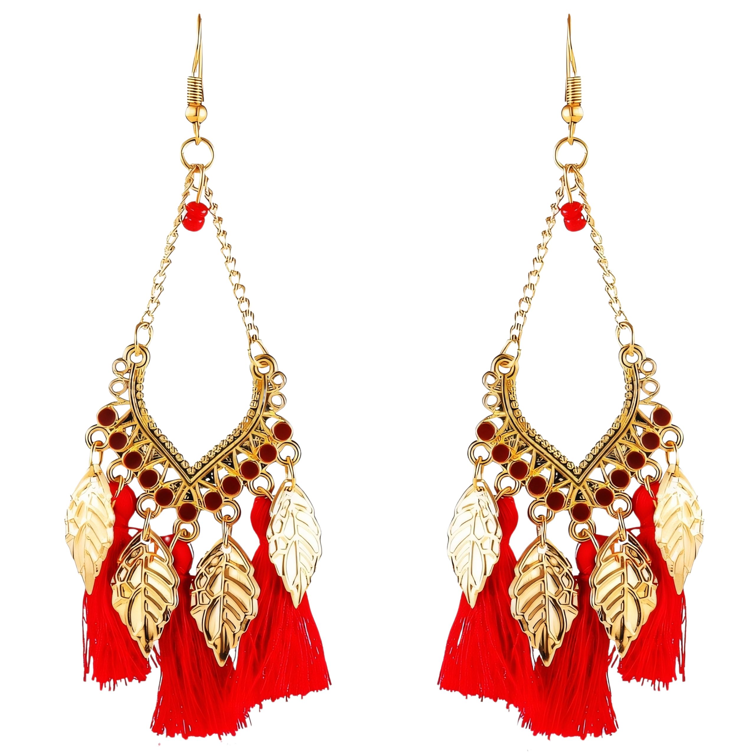Kolczyki wiszące złote boho z bordowymi chwostami - lekkie, zwracają uwagę