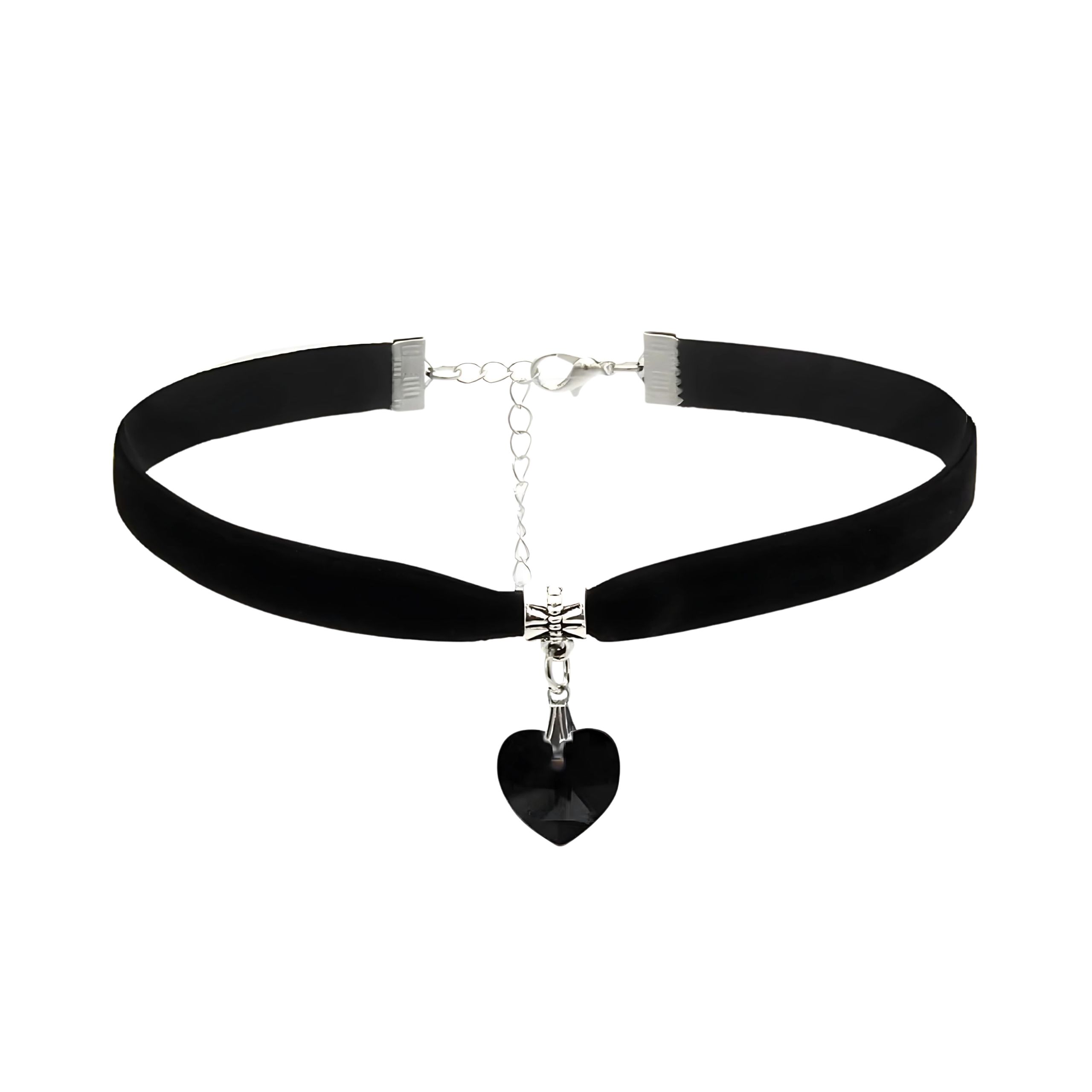 Choker naszyjnik czarny srebrny z sercem na szyję - regulowany, elegancki