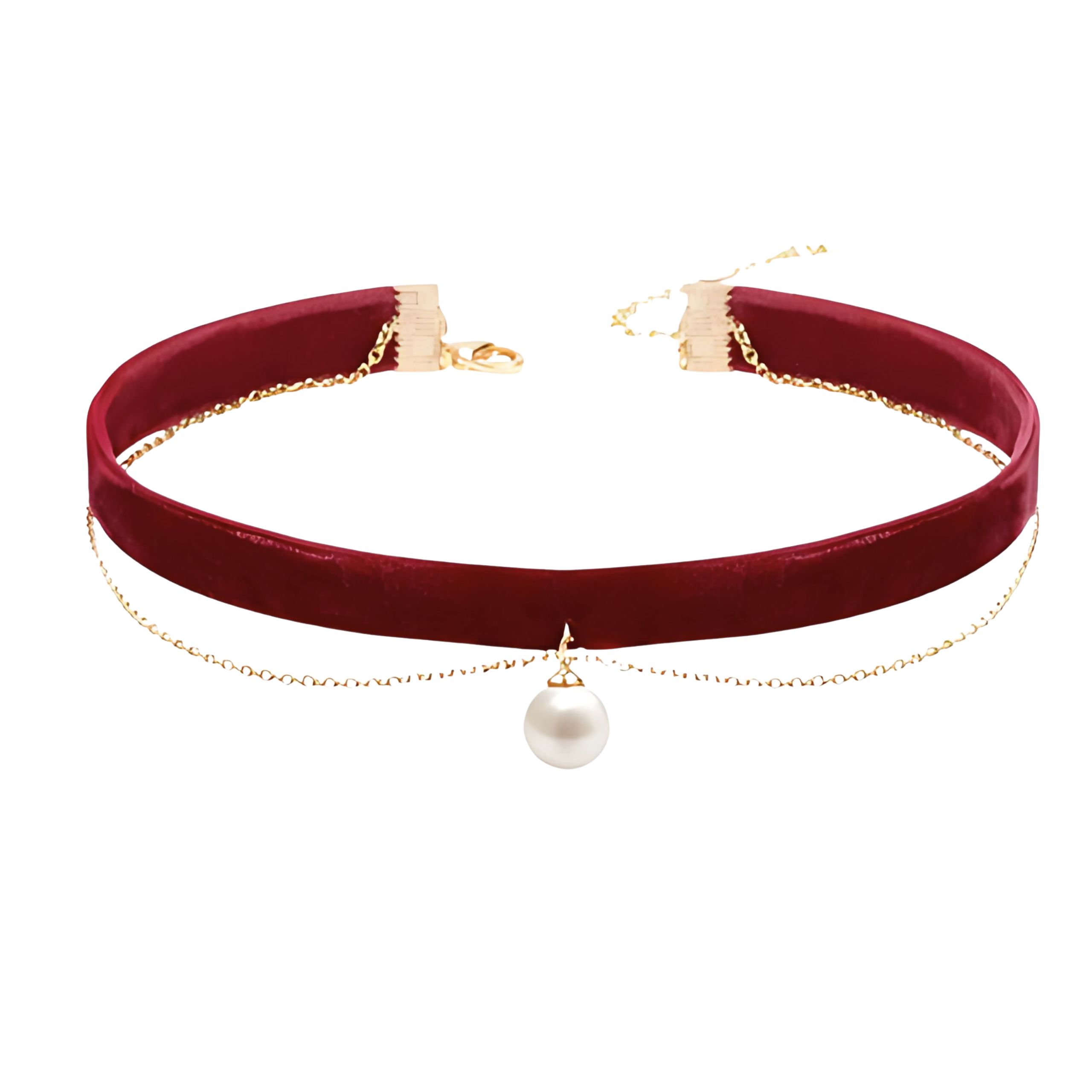 Choker naszyjnik czerwony złoty z perłą na szyję - regulowany, elegancki