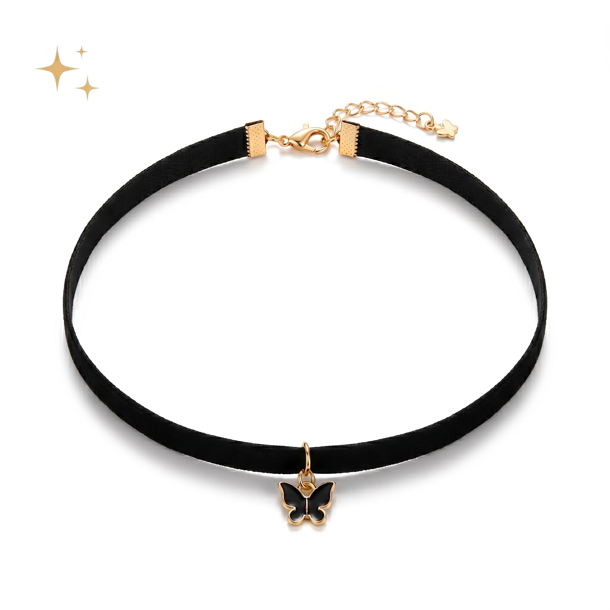 Choker naszyjnik czarny złoty z motylem na szyję - regulowany, elegancki