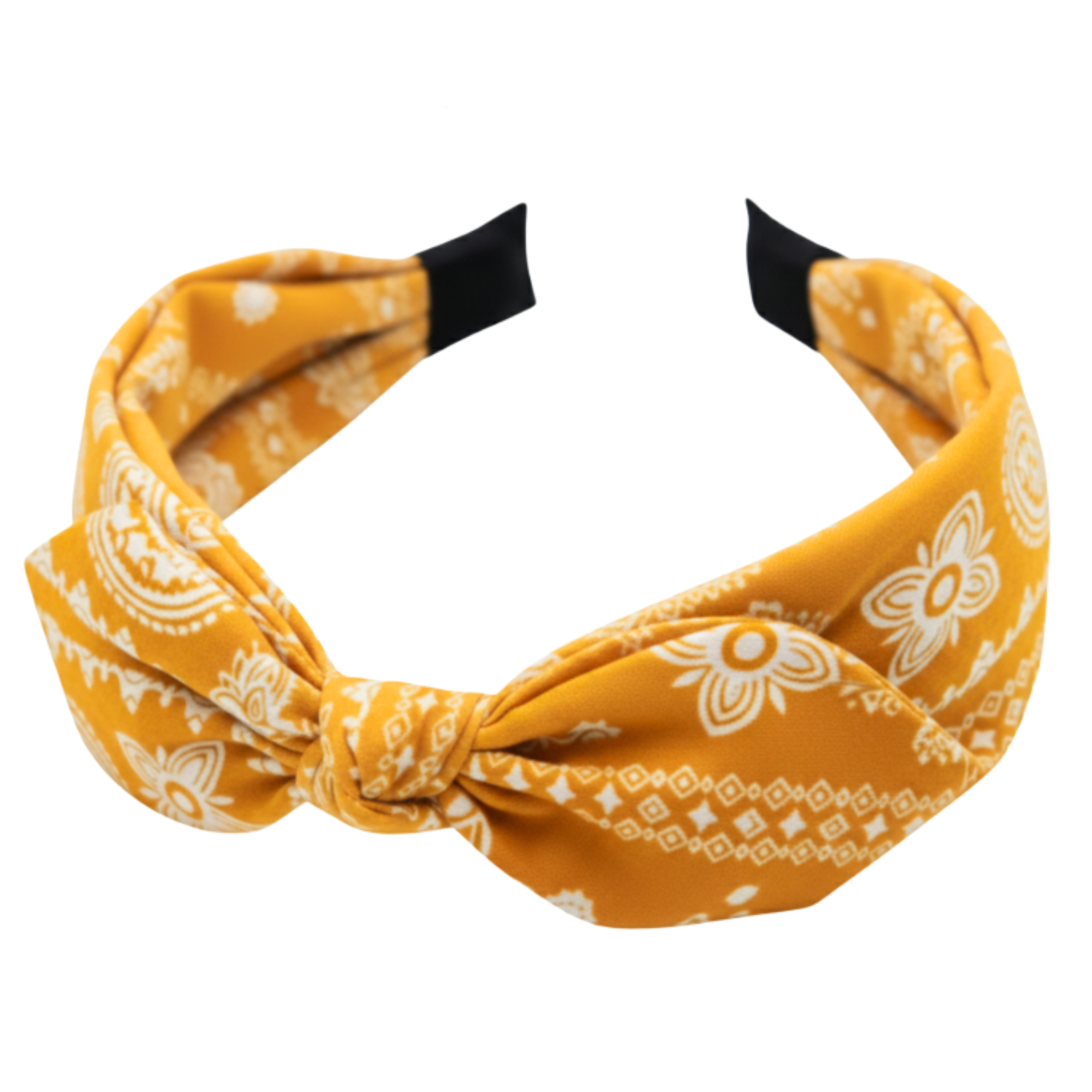 Opaska na głowę z kokardą żółta w paisley do włosów - szeroka, nie uciska